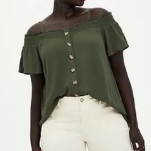 Torrid Smocked Cold-Shoulder Olive Green Rayon Blouse Size 1X - Picture 2 of 7